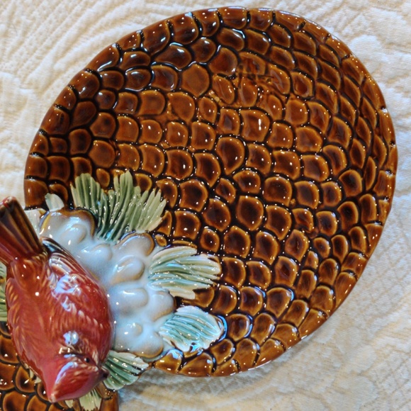 Vintage Dual Ceramic Pinecone Party Serving Nut & Candy Dish With Cardinal Bird - Picture 3 of 10